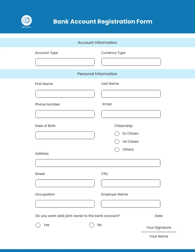 Modèle de formulaire bancaire d'enregistrement de compte bleu moderne
