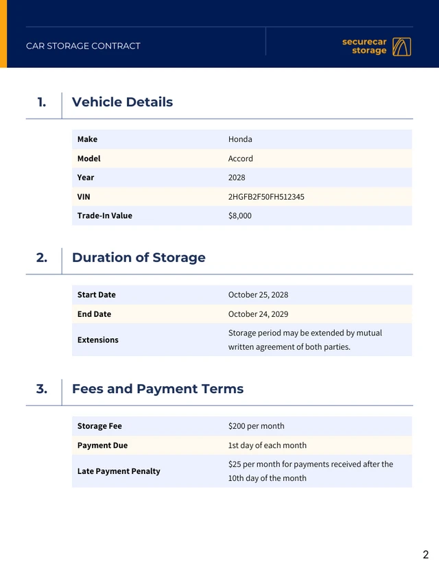 Car Storage Contract Template - Page 2