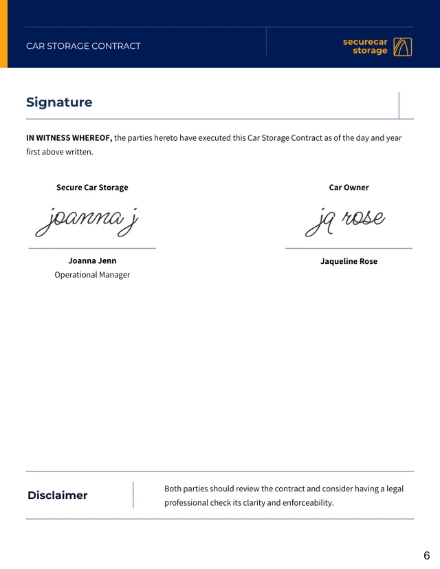 Car Storage Contract Template - Page 6