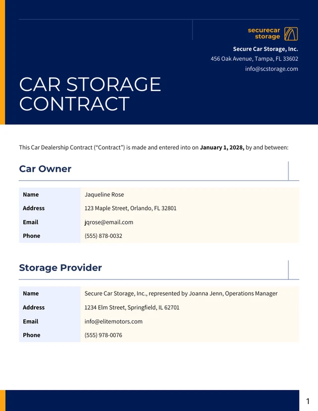 Car Storage Contract Template - صفحة 1