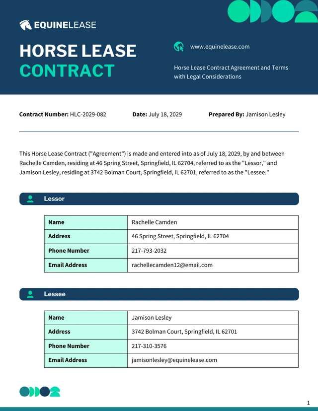 Horse Lease Contract Template - Pagina 1