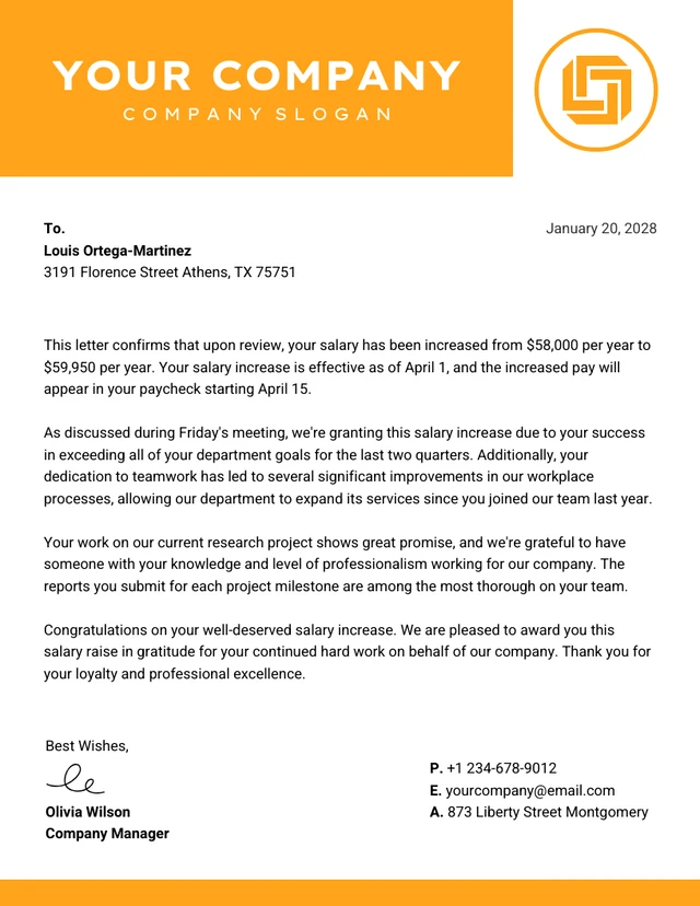 Yellow Corporate Professional Salary Increase Letter Template