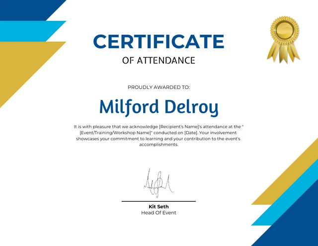 Blue and Gold Geometric Attendance Certificate Template