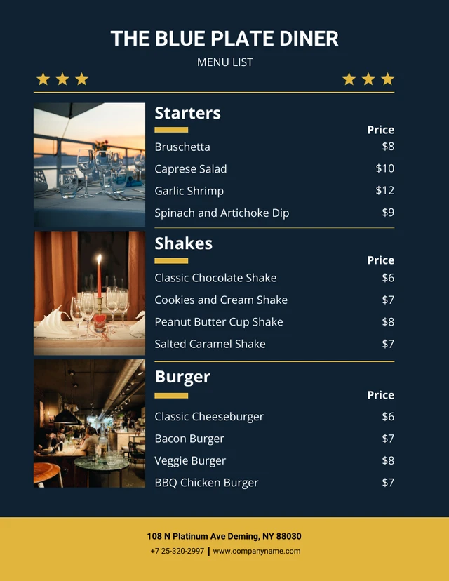 Blue plate diner menu simple Template
