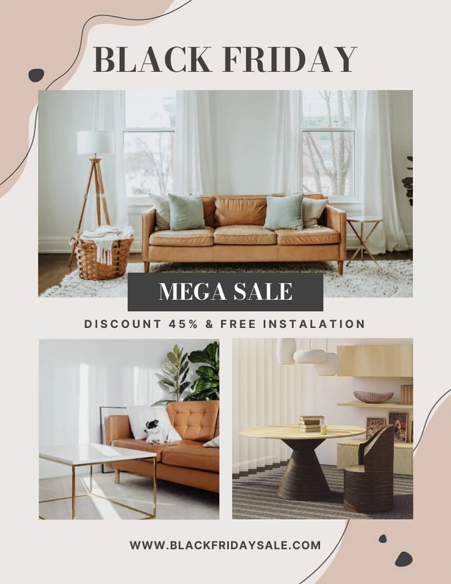 Cremefarbene, moderne, verspielte Black-Friday-Interieur-Mega-Sale-Plakatvorlage