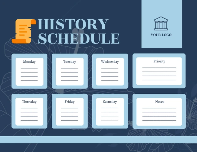 Dark Blue Simple Floral Outline History Schedule Template