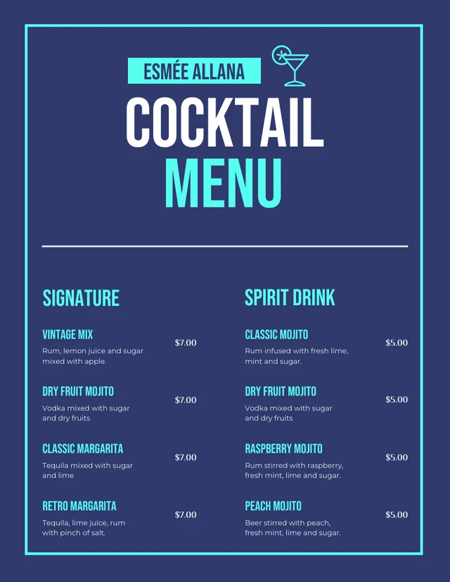 Navy Modern Cocktail Bar Menu Template