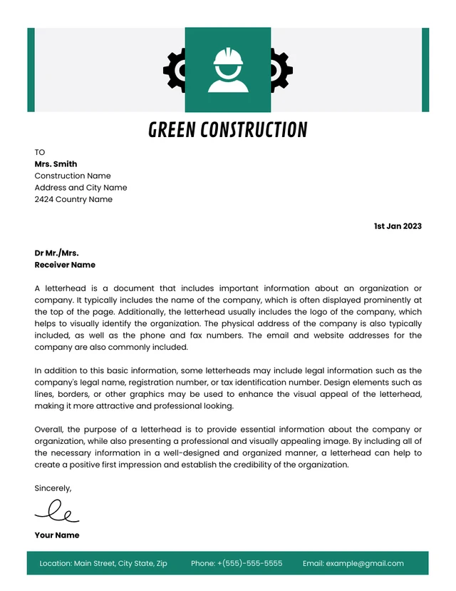 White And Green Minimalist Construction Letterhead Template