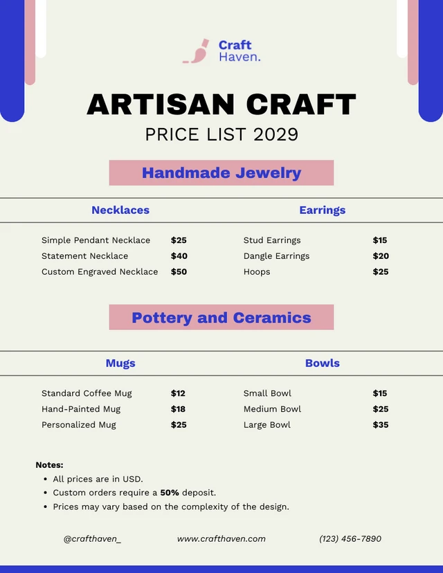 Modèle de liste de prix pour l'artisanat