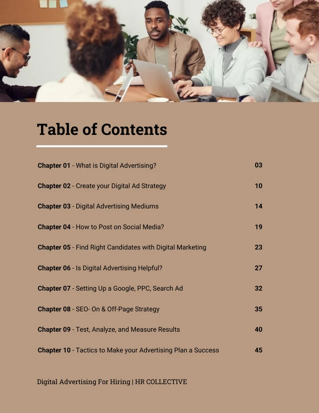 Vorlage für ein Whitepaper mit Inhaltsverzeichnis für digitale Einstellungsstrategien in Beige