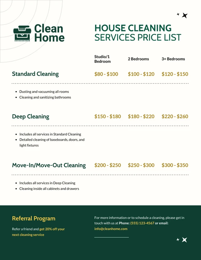 House Cleaning Services Price List Template