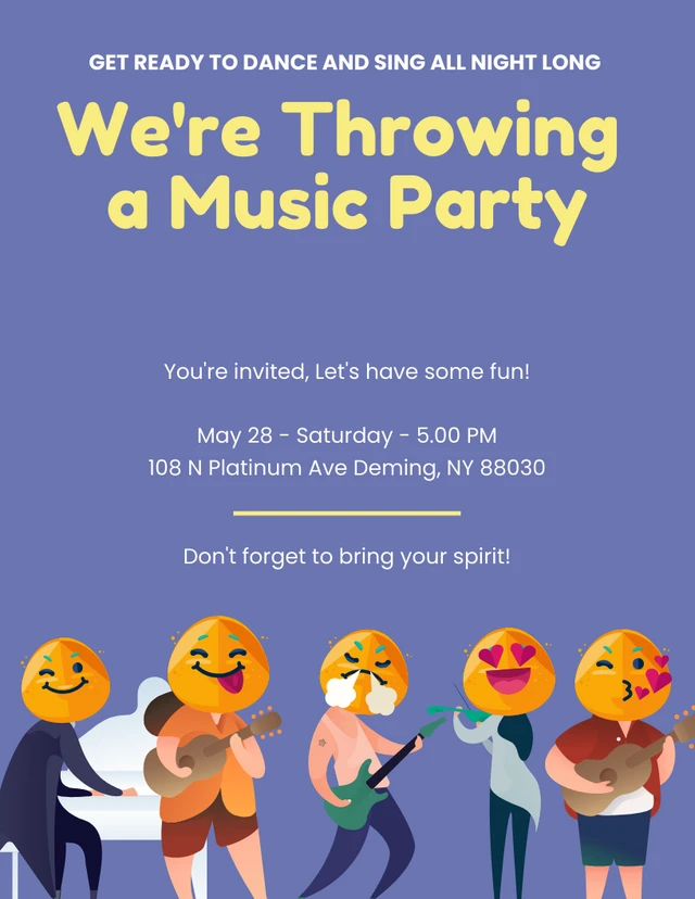 Invitation à la fête de la musique en violet Modèle de fête en emoji
