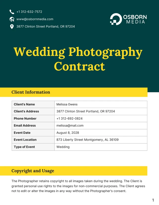 Wedding Photography Contract - Page 1