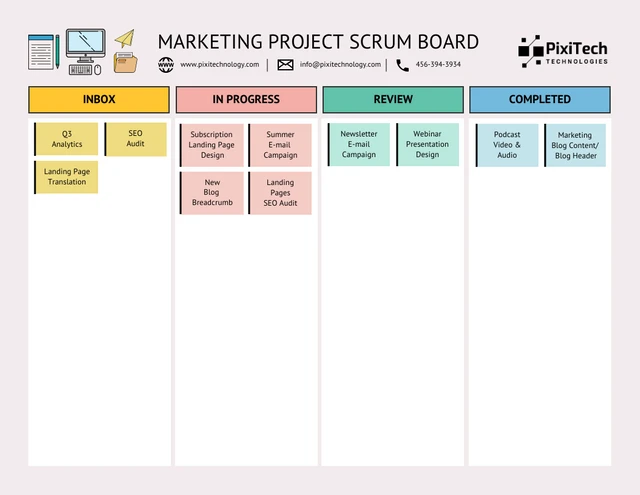 Modelo de quadro Scrum de projeto de marketing pastel