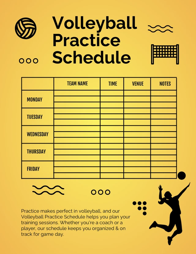 Yellow Gradient Simple Outline Illustration Volleyball Practice Schedule Template