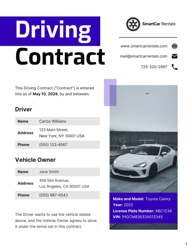 Driving Contract Template - page 1