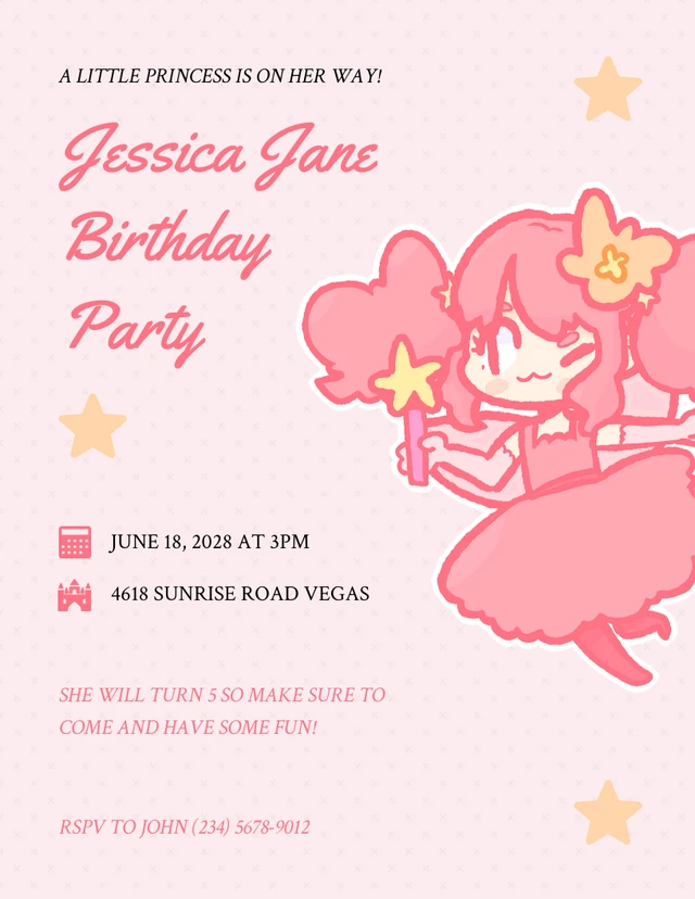 Pink Playful Cute Illustration Princess Birthday Party Invitation Template