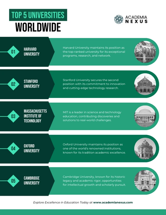 Modello infografico delle 5 migliori classifiche universitarie mondiali