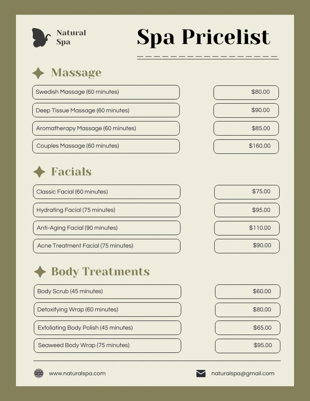 Cream and Green SPA Price Lists Template