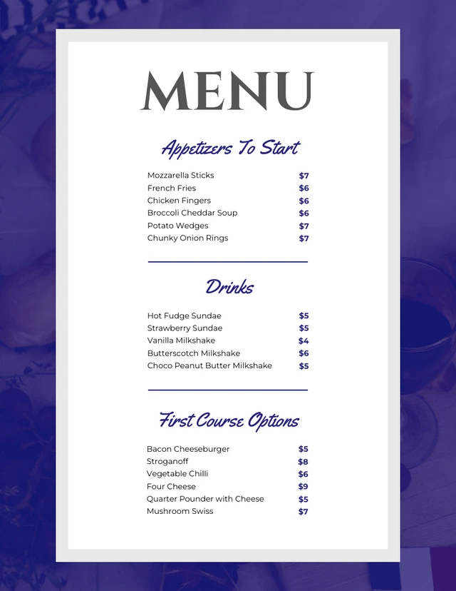 Navy Aesthetic Modern French Menu Template