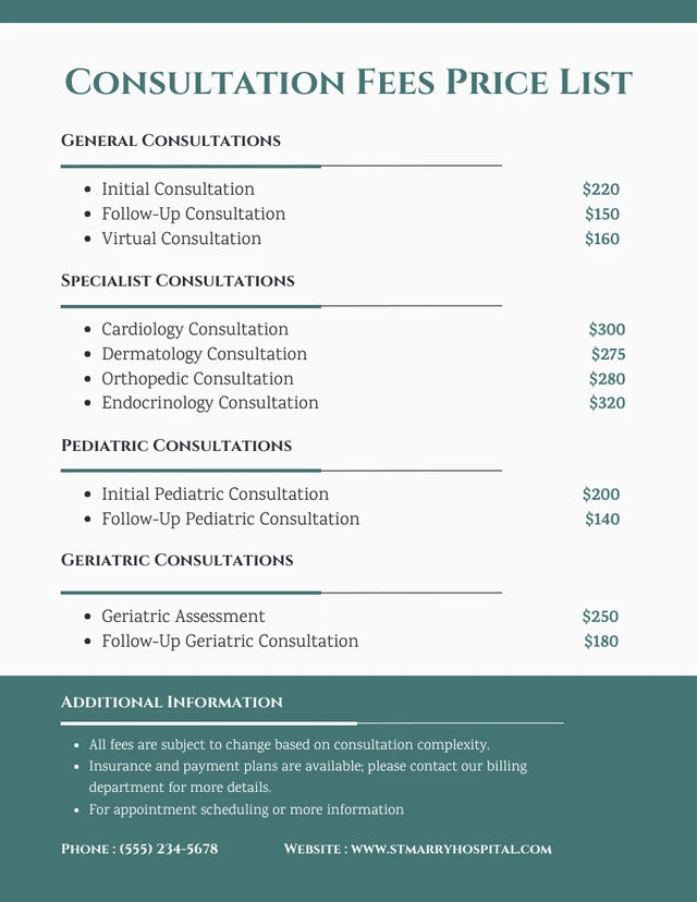 Modèle de liste de prix des honoraires de consultation