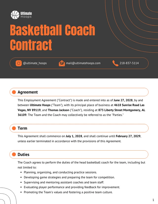 Basketball Coach Contract Template - page 1