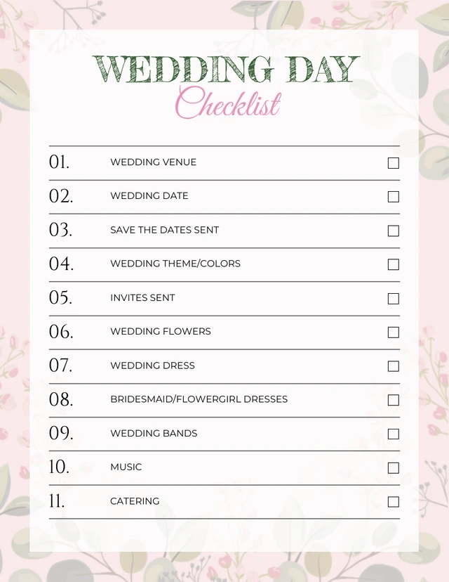 Pink Rose Wedding Checklist