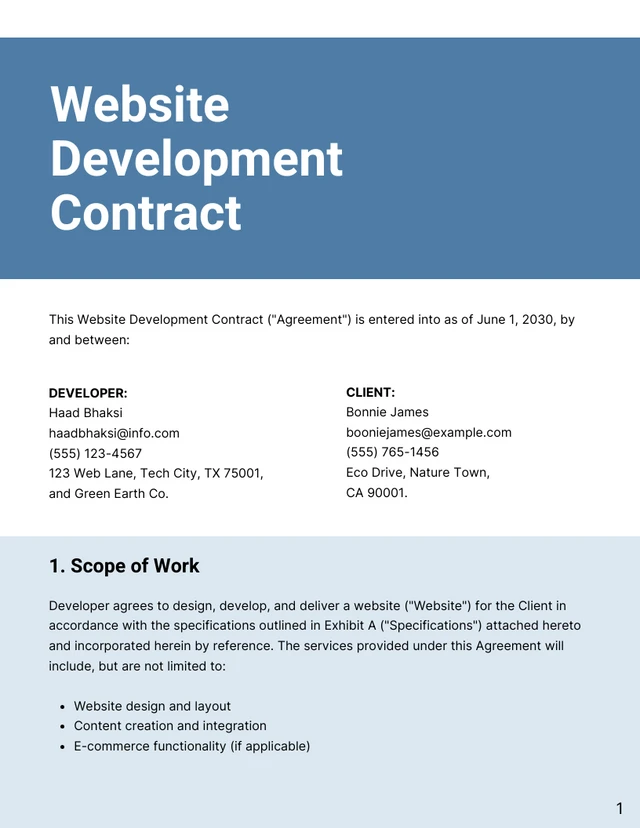 Website Development Contract Template Free - Pagina 1