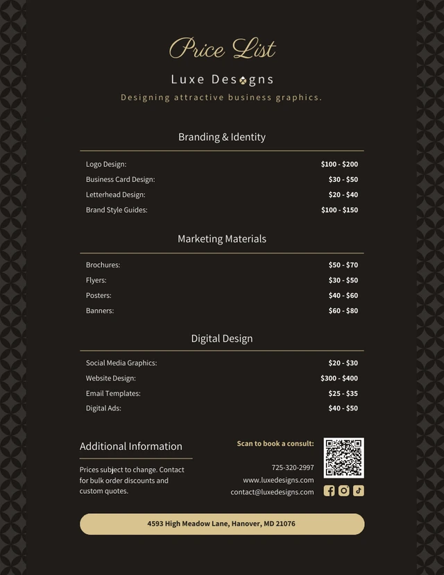 Graphic Design Price List Template