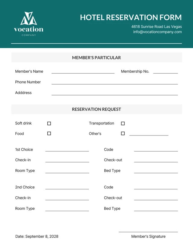 Modèle de formulaire de réservation simple gris et vert