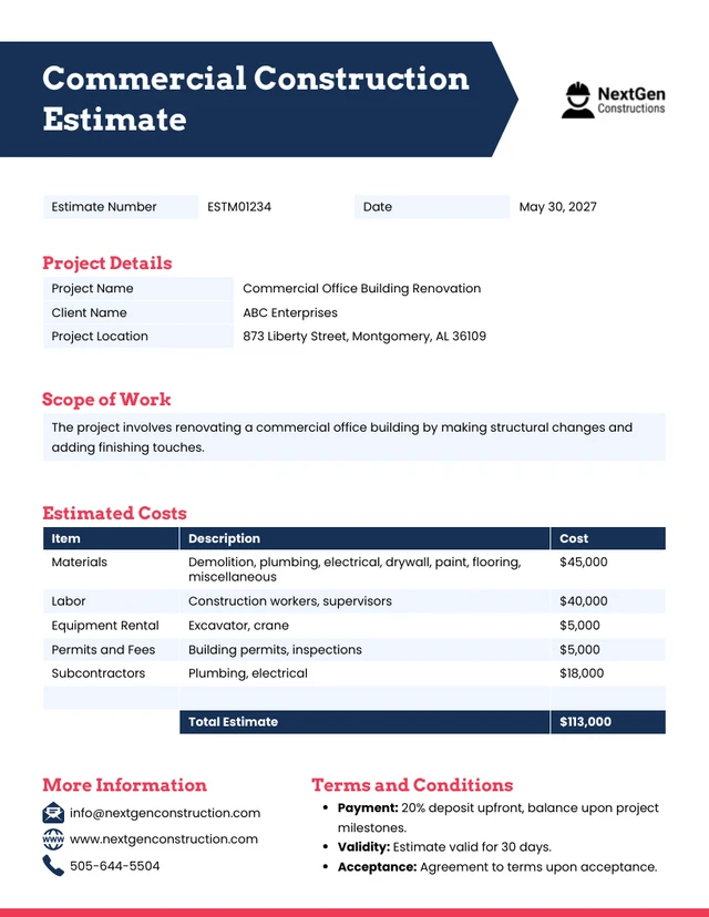 Modèle d'estimation de construction commerciale