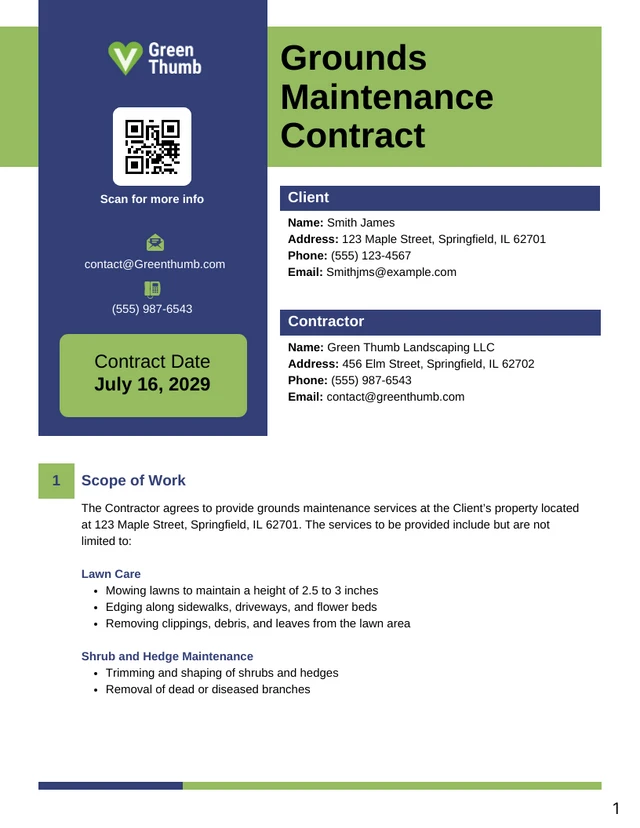 Grounds Maintenance Contract Template - Page 1