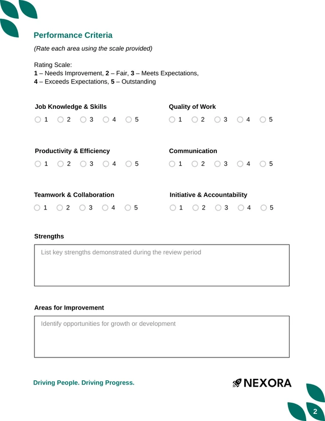 Performance Appraisal Form Template - Page 2