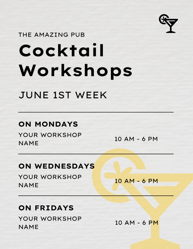 White Modern Paper Texture Cocktail Workshop Schedule Template