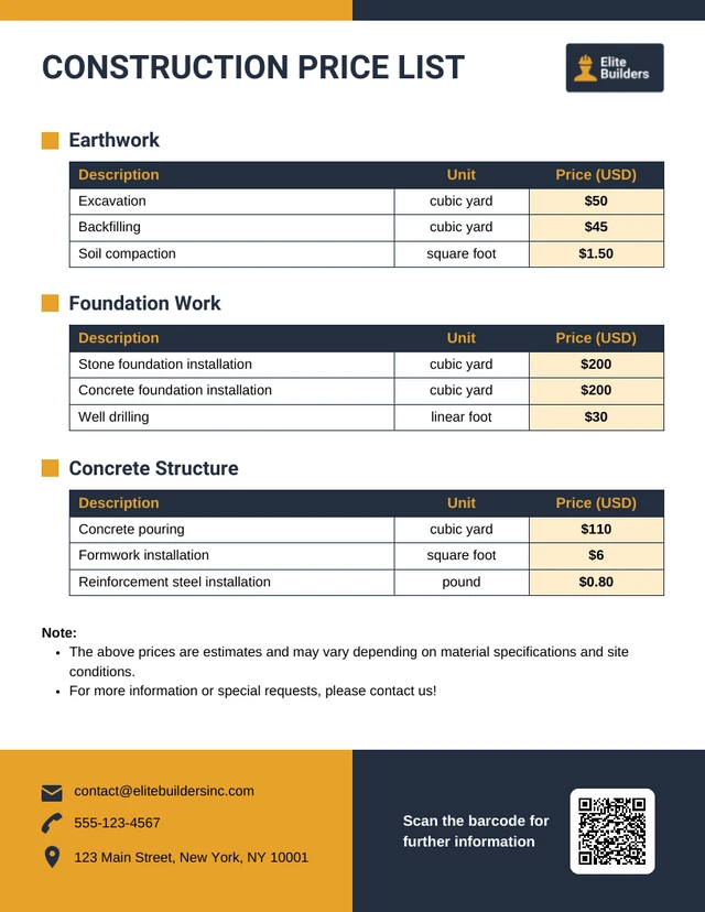 Modèle de liste de prix de construction