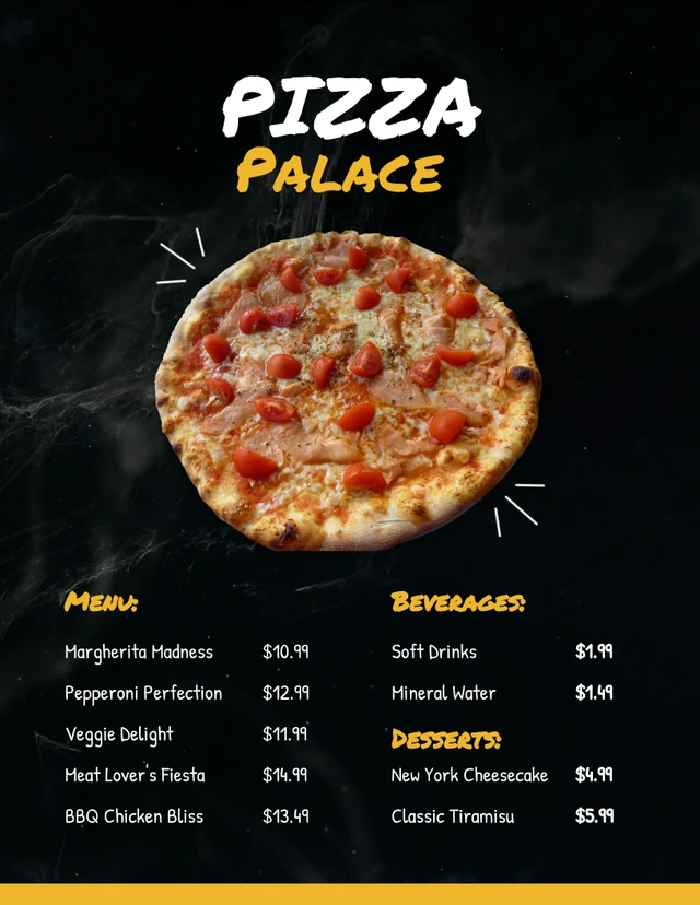 Modèle de menu de pizza à texture minimaliste noir et jaune