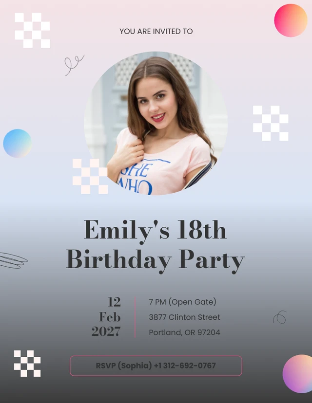 Gradient Blue And Pink Minimalist 18th Birthday Invitation Template