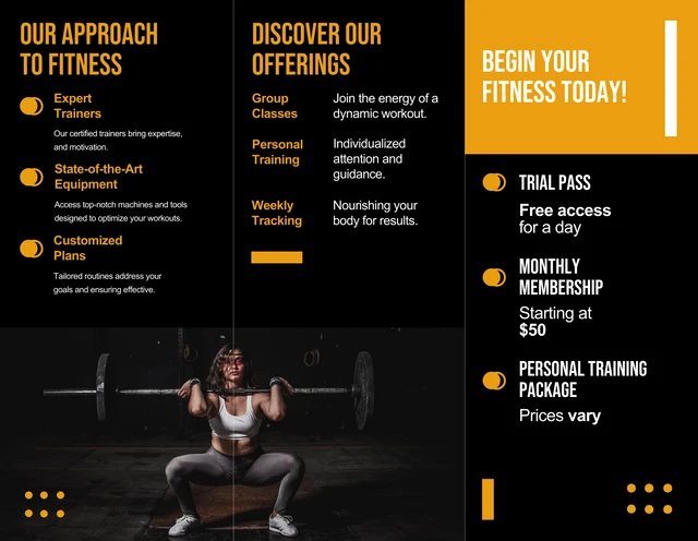 Dark and Yellow Gym Tri Fold Brochure - page 2
