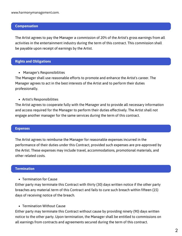 Music Artist Management Contract Template - Page 2