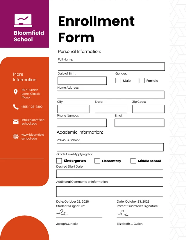 Purple and Orange Simple Modern Shape Enrollment Forms Template
