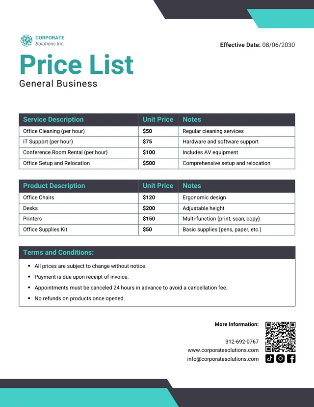 General Business Price List Template