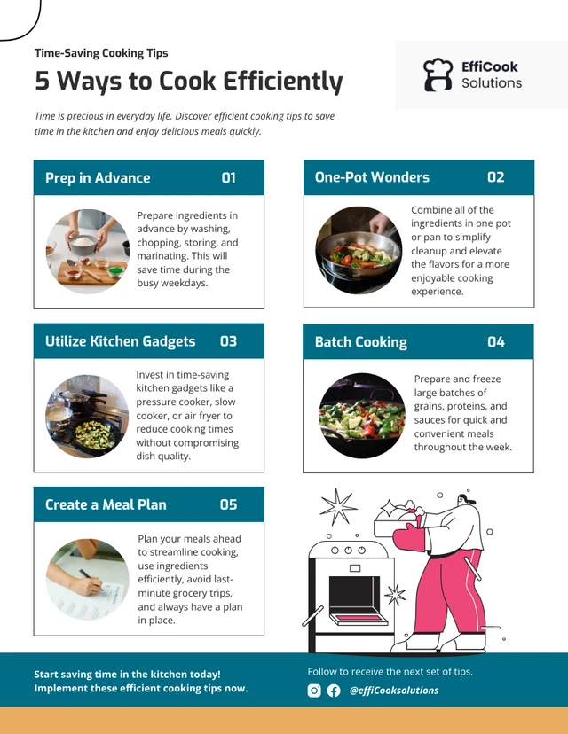 5 suggerimenti per risparmiare tempo: modello di infografica per cucinare
