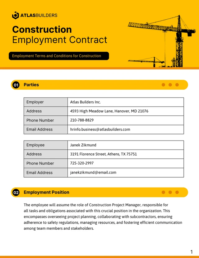 Construction Employment Contract Template - Pagina 1