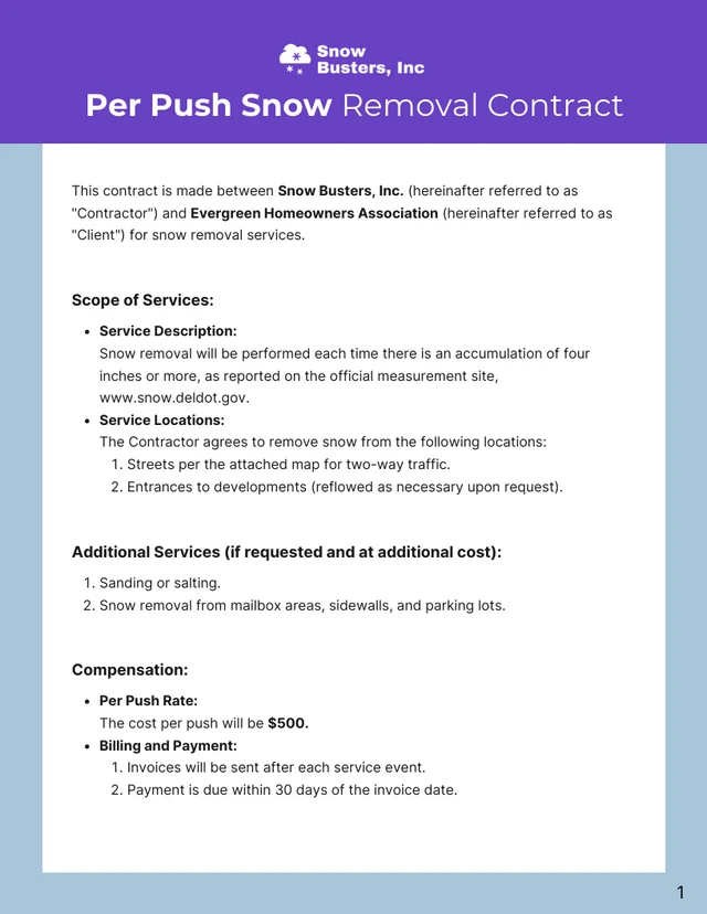 Per Push Snow Removal Contract Template - Seite 1