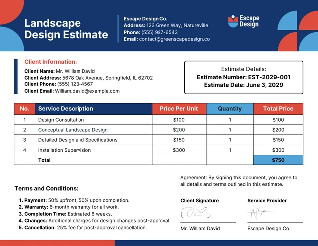 Plantilla de estimación de diseño de paisaje