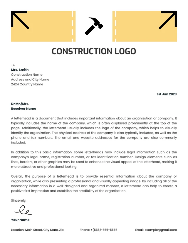 White And Yellow Simple Professional Construction Letterhead Template