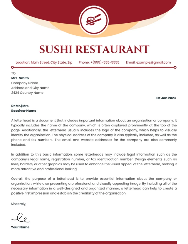 White Modern Sushi Restaurant Letterhead Template