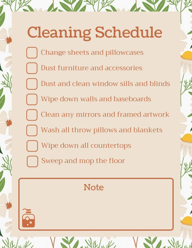White And Light Brown Minimalist Floral Pattern Cleaning Schedule Template