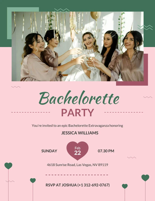 Flache minimalistische rosa und grüne Bachelorette-Party-Vorlage