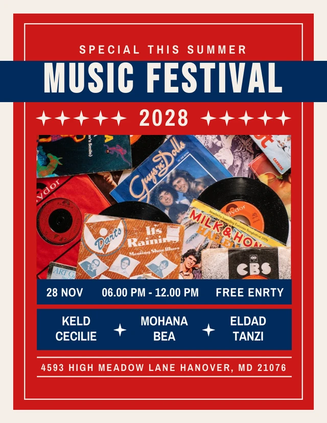 Rote und marineblaue klassische Vintage-Musikfestival-Plakatvorlage